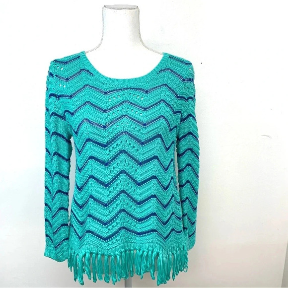 Ruby Rd Sweater Woman MP   Open Knit Fringe‎ Green Blue Chevron 3/4 Sleeve Work - Picture 1 of 11
